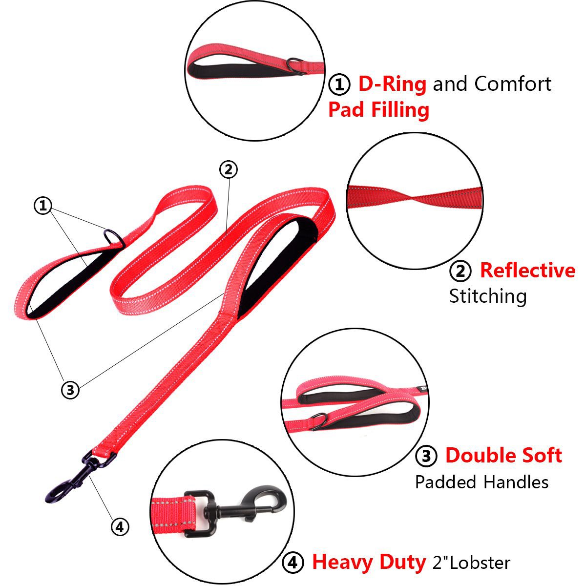 HooTech Dog Leash & Collapsible Pet Feeding Bowl,Dog Training Leash Reflective Durable Training Rope,Double Handle Lead for Control Safety Training,Perfect for Large/Medium Dog(150cm Long) (Red)