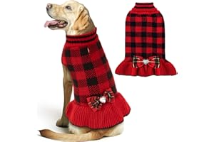 KYEESE Christmas Dog Sweater Dress for Medium Dogs with Leash Hole Classi Checkered Pet Sweaters Dog Christmas Outfit with BowtieTurtleneck Dogs Apparel for Winter, XXXL