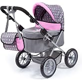 Bayer Trendy Doll Pram, Adjustable Handle Stroller for 18 Inch Dolls | Folding toy carriage with matching shoulder bag, shopping basket, and pink polka dot design for kids Ages 3+