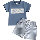 Licupiee Toddler Boys Shark Outfits Sea Animal Embroidery Short Sleeve Shirt and Striped Shorts Sets 2Pcs Summer Clothes Set