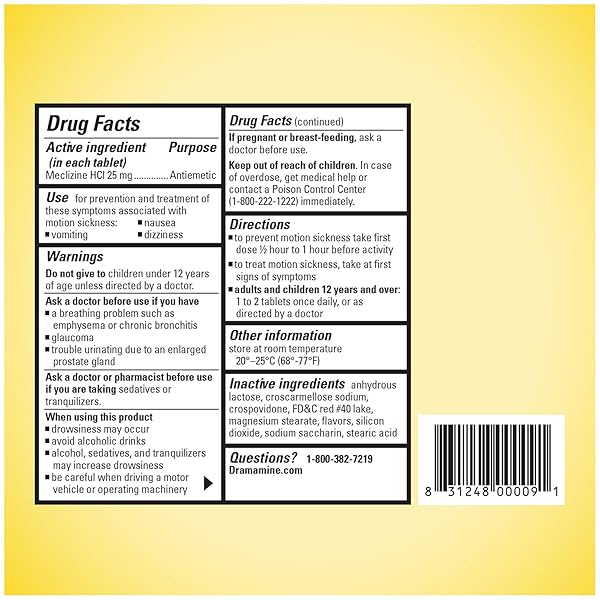 DRAMAMINE CHEWABLE LESS DROWSY, MOTION SICKNESS RELIEF, RASPBERRY CREAM FLAVOR, 12 COUNT, 2 PACK