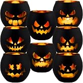 8 Pcs Halloween Votive Candle Holders Tealight Candle Holder Jack O Lantern | Halloween Decorations Gold Interior Indoor Party Mantel Table Centerpiece Decor