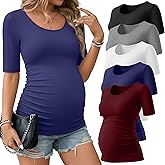 Sweetyweee 5 Pack Women's Maternity Shirts, Scoop Neck Maternity Top Casual Half Sleeve Tee Side Ruched Pregnancy Clothes
