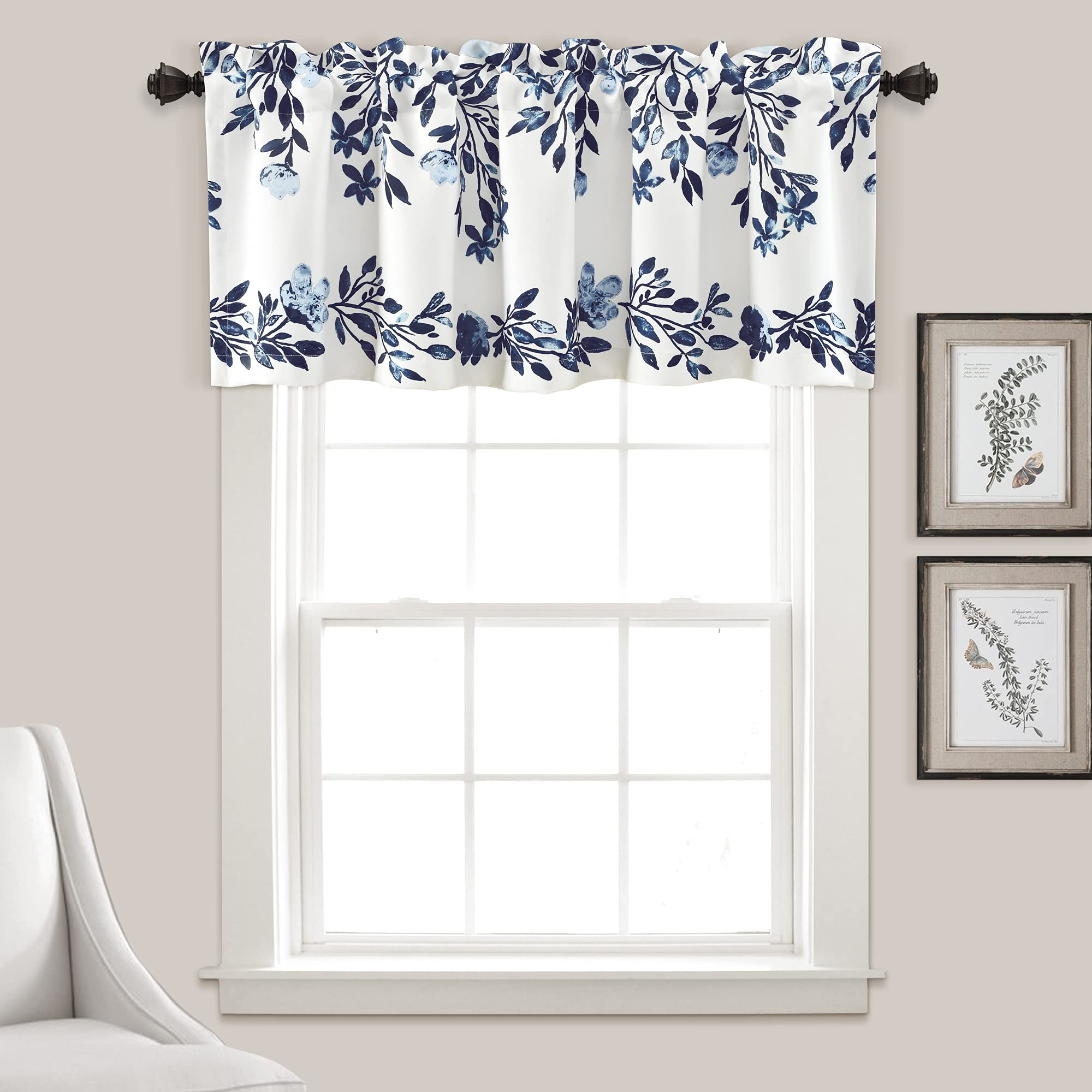 Lush Decor Tanisha Curtain Valance - Light Filtering, Floral Vine Print, Beautiful, Modern, Elegant Home Decor - 52" W x 18" L, Navy & White