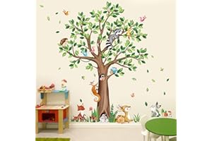 decalmile Woodland Animals Large Tree Wall Stickers Bear Fox Deer Wall Decals Baby Nursery Kids Bedroom Toddler Room Wall Decor (H:135cm/53Inches)