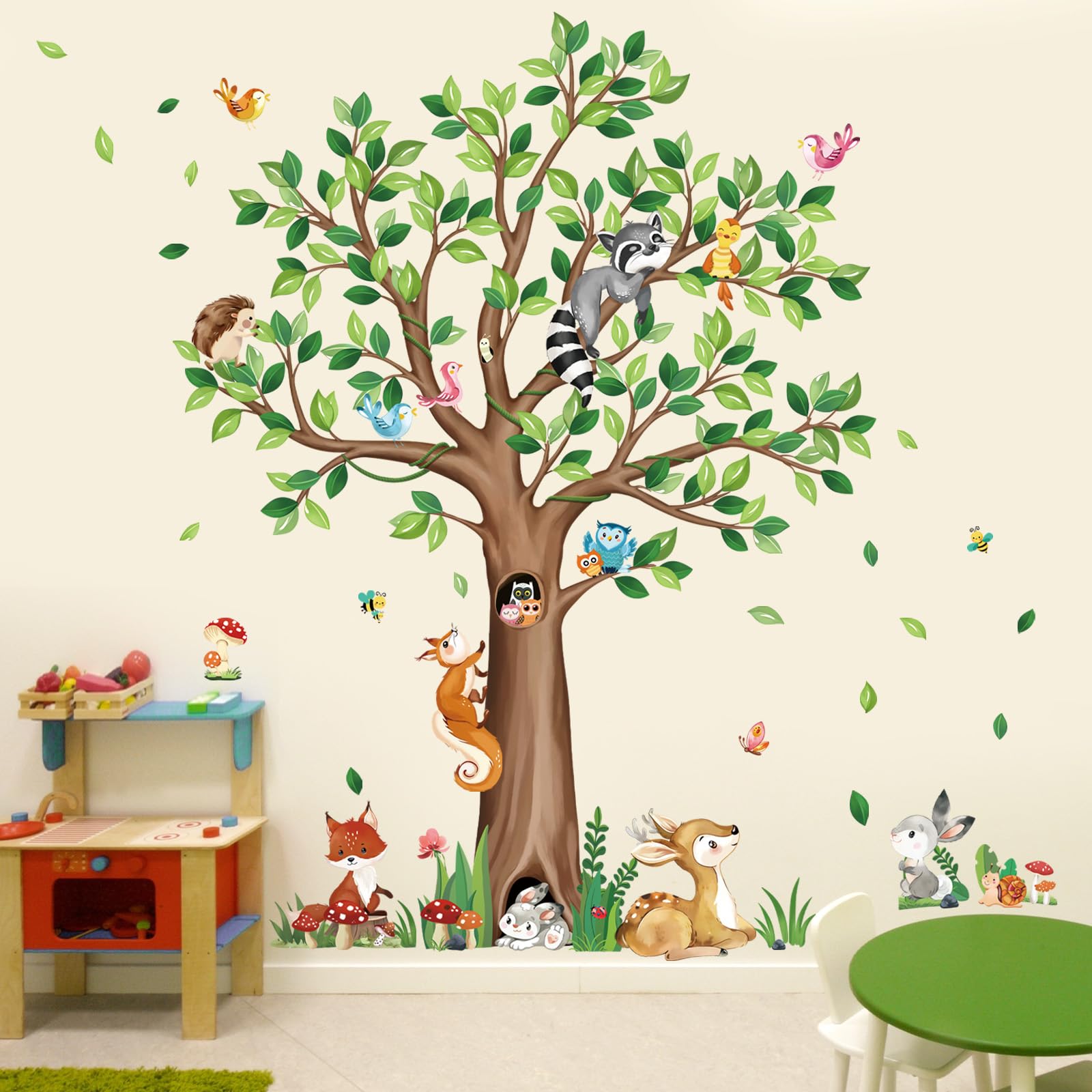 Photo 1 of decalmile Woodland Animals Large Tree Wall Stickers Bear Fox Deer Wall Decals Baby Nursery Kids Bedroom Toddler Room Wall Decor (H:135cm/53Inches)