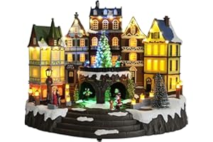 YQQY Christmas Village House, 12.4" H Large Size, Colourful LED Lights with Christmas Music, Rotating Christmas Trees and Roller Skaters, Christmas Decoration for Home (Yellow)