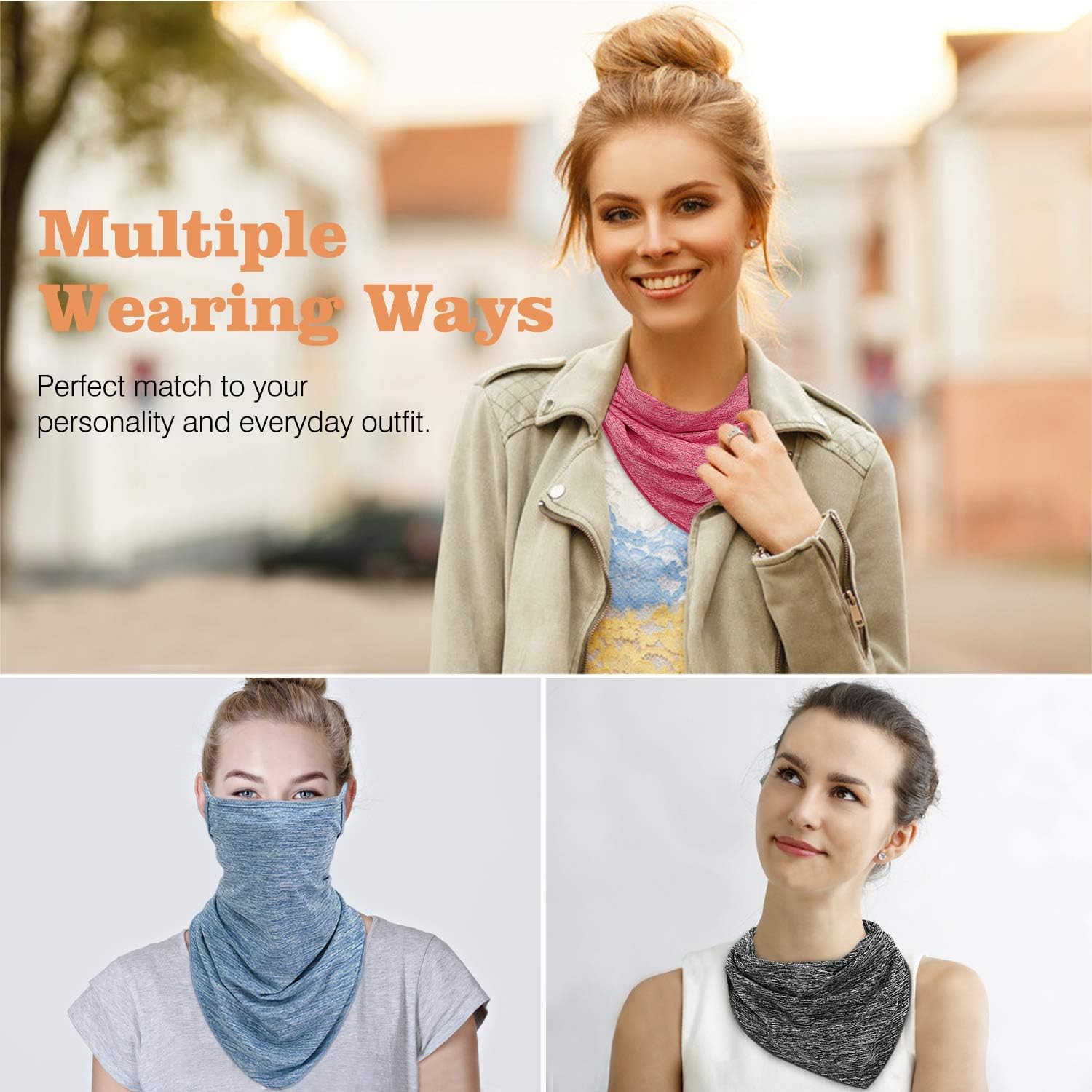 MoKo Scarf Mask Bandana with Ear Loops 3 Pack, Neck Gaiter Balaclava with Filter Pocket UV Protection Mask for Dust Wind Motorcycle Cycle Bandana Headband for Women Men, Dark Gray/Magenta/Light Blue : Sports & Outdoors