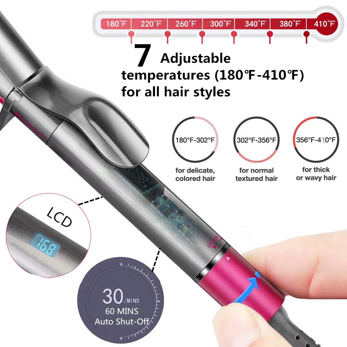 morpilot Arricciacapelli 32mm, Arriccia Capelli Professionale in Ceramica, Automatiche Bacchetta Curling per Capelli, Temperatura Regolabile da 80°C a 210°C con Display LCD, PTC Tecnologia, Guanto