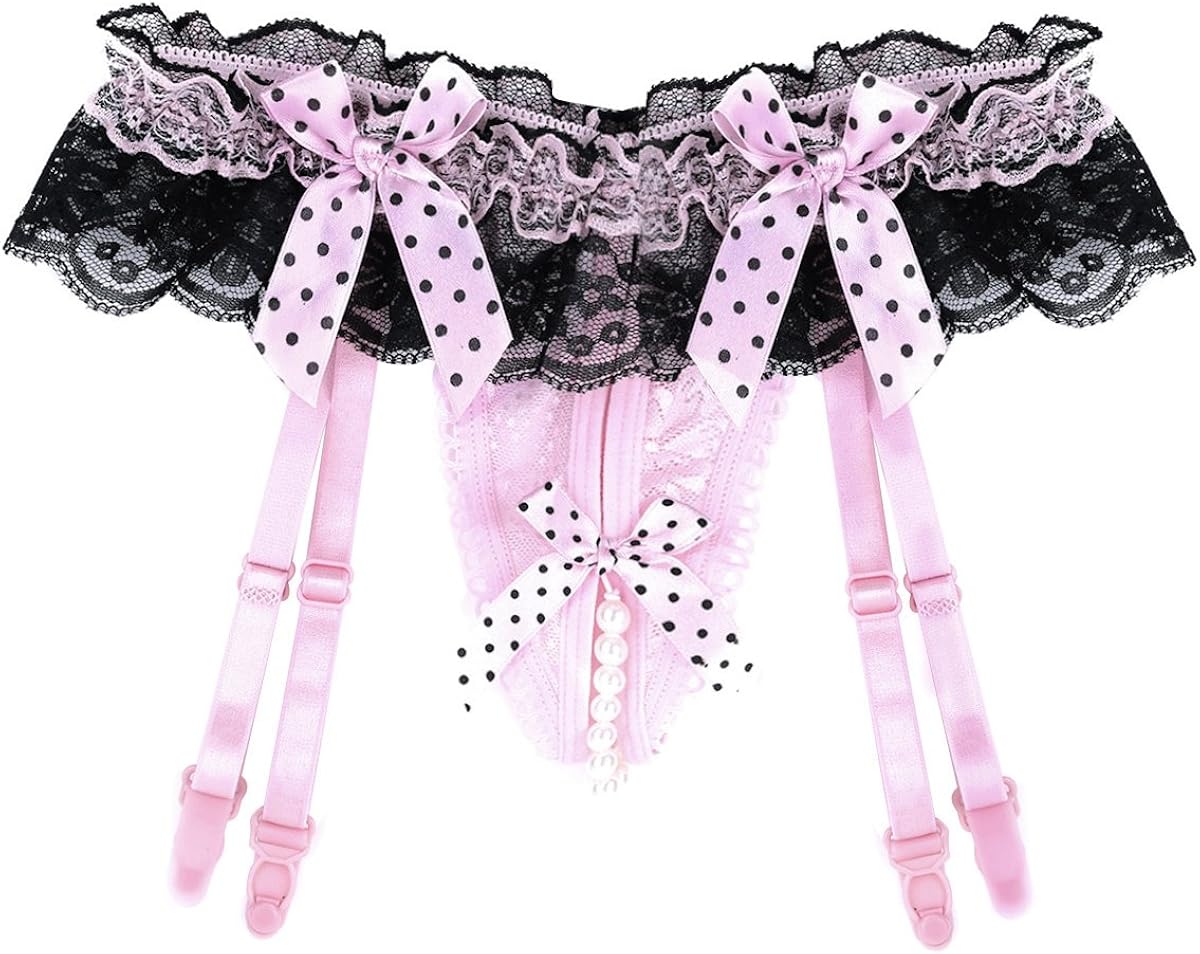 CHICTRY Women's Ruffle Lace Floral Ruffles G-String Thong Underwear with Massage Pearl and Garters Pink One Size: Clothing