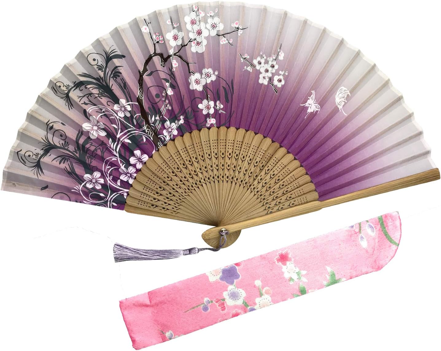 SPG Hand Folding Fan Elegant Modern Held Fan Dance Fan with Bamboo Frame Hand-Crafted Japanese/Chinese Vintage Style for Women (Light Purple)