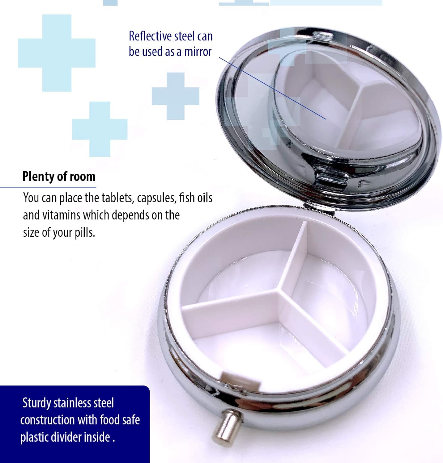 2 Pack - Round Silver Pill Box Medicine Planner Small case (Weekly Travel Container) Medication, Vitamin Holder Boxes Organizer Pillbox Dispenser Organizer, sorter and Reminder containers: Health & Personal Care