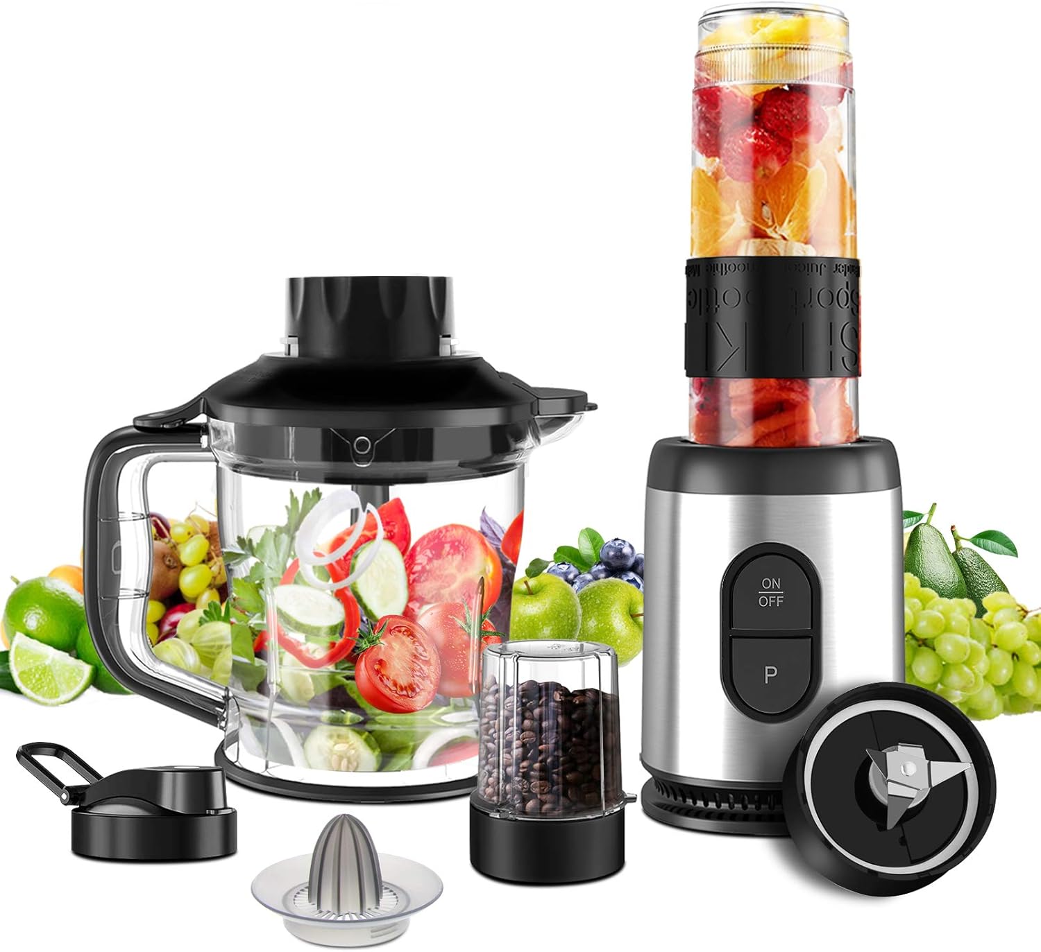 NWOUIIAY Mixer Standmixer 800W 23000RPM Multifunktionsmischer 5 in 1 mit Smoothie Maker Zerkleinerer Kaffeemühle Entsafter Tragbare Flasche ohne BPA 304 Edelstahlbleche
