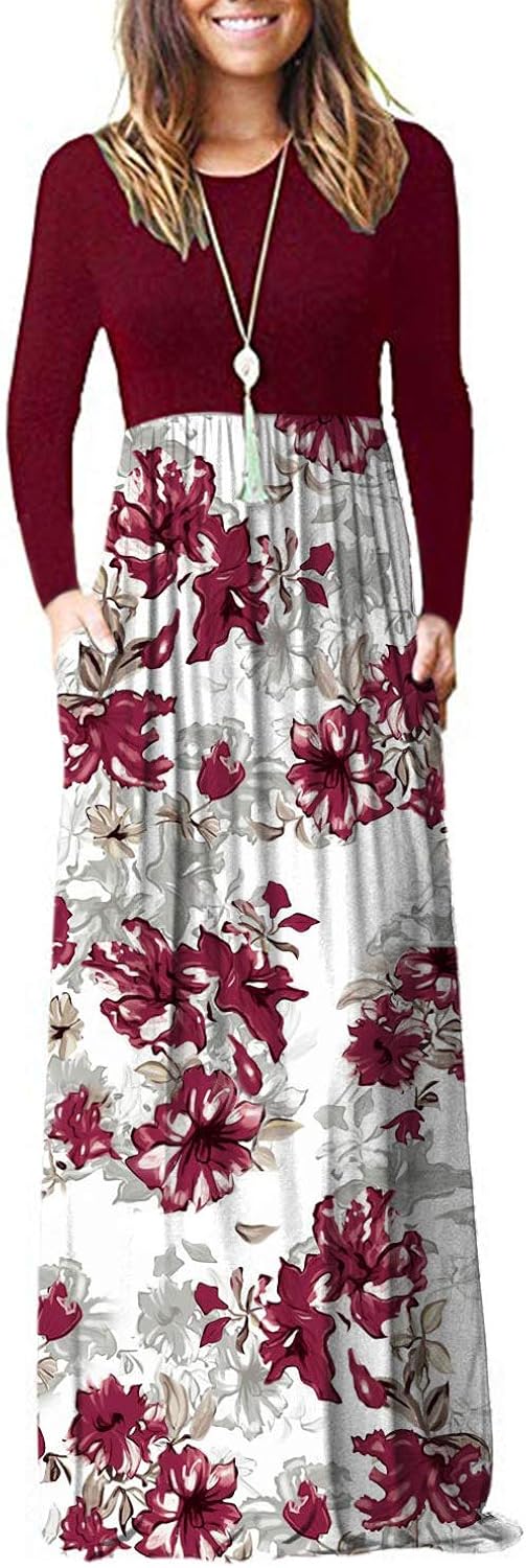 AUSELILY Women Long Sleeve Loose Plain Plus Size Maxi Dresses Casual Long Dresses with Pockets: Clothing