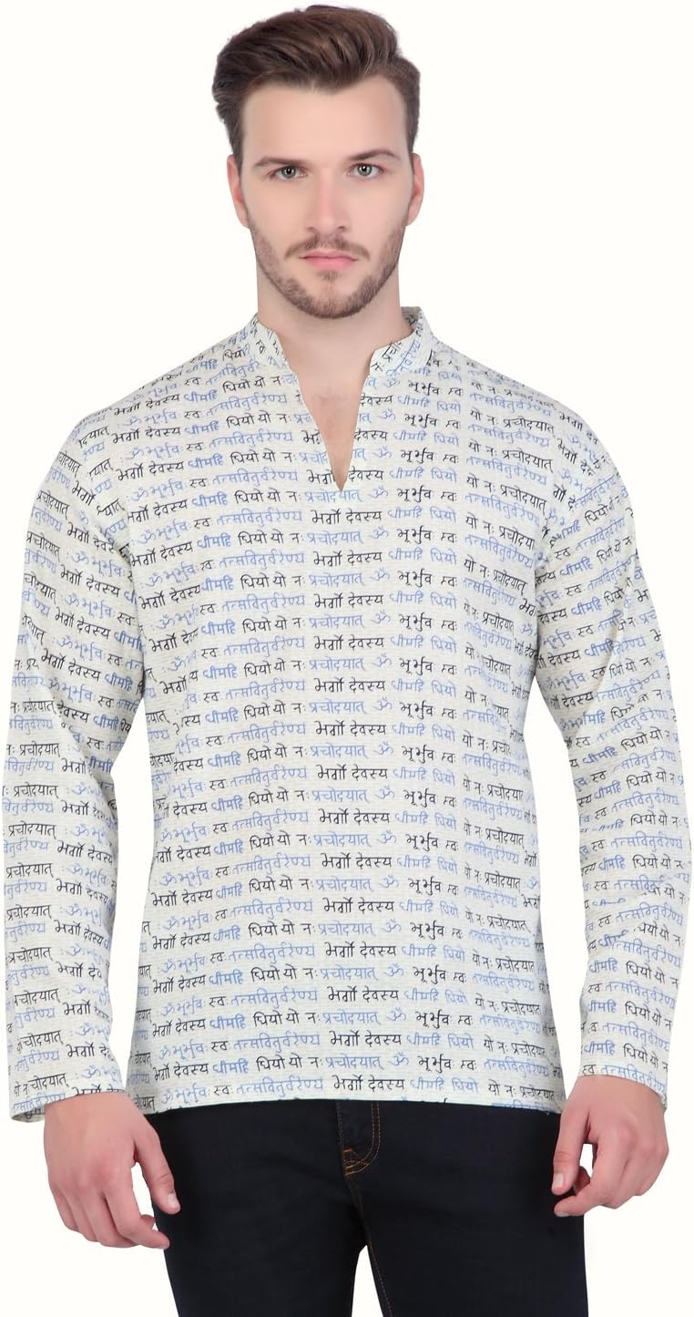 Shatranj Men's Indian Short Kurta Tunic Positive Mantra Print Shirt