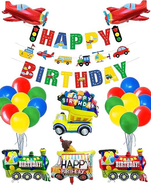 Transportation Happy Birthday Party Decoration Set Car Bus Train Plane Ship Banner Photo Props Vehicle Cupcake Toppers Colorful Hanging Swirl And Balloons For Kids Transportation Party Baby Shower Balloons Toys Games