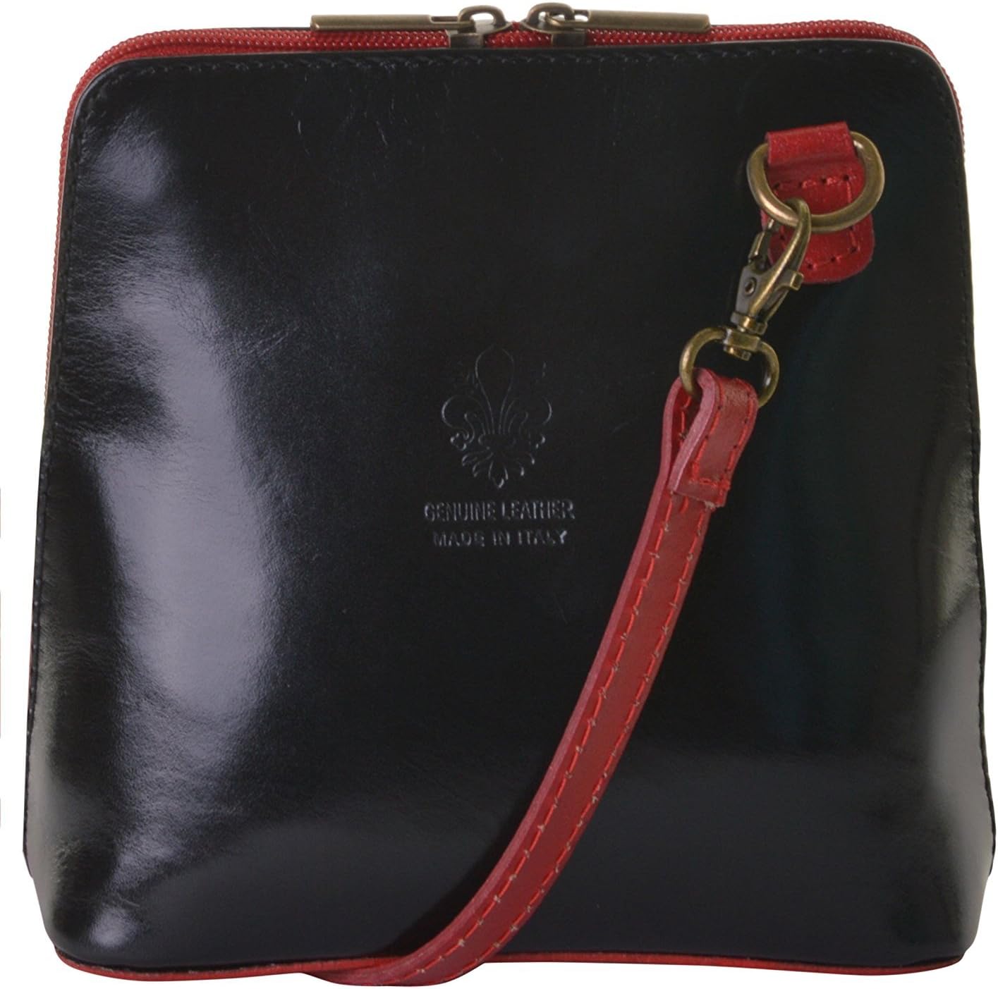 New Womens Designer Classical Real Leather Square Cross Body Bag Handbag (Black with Red)