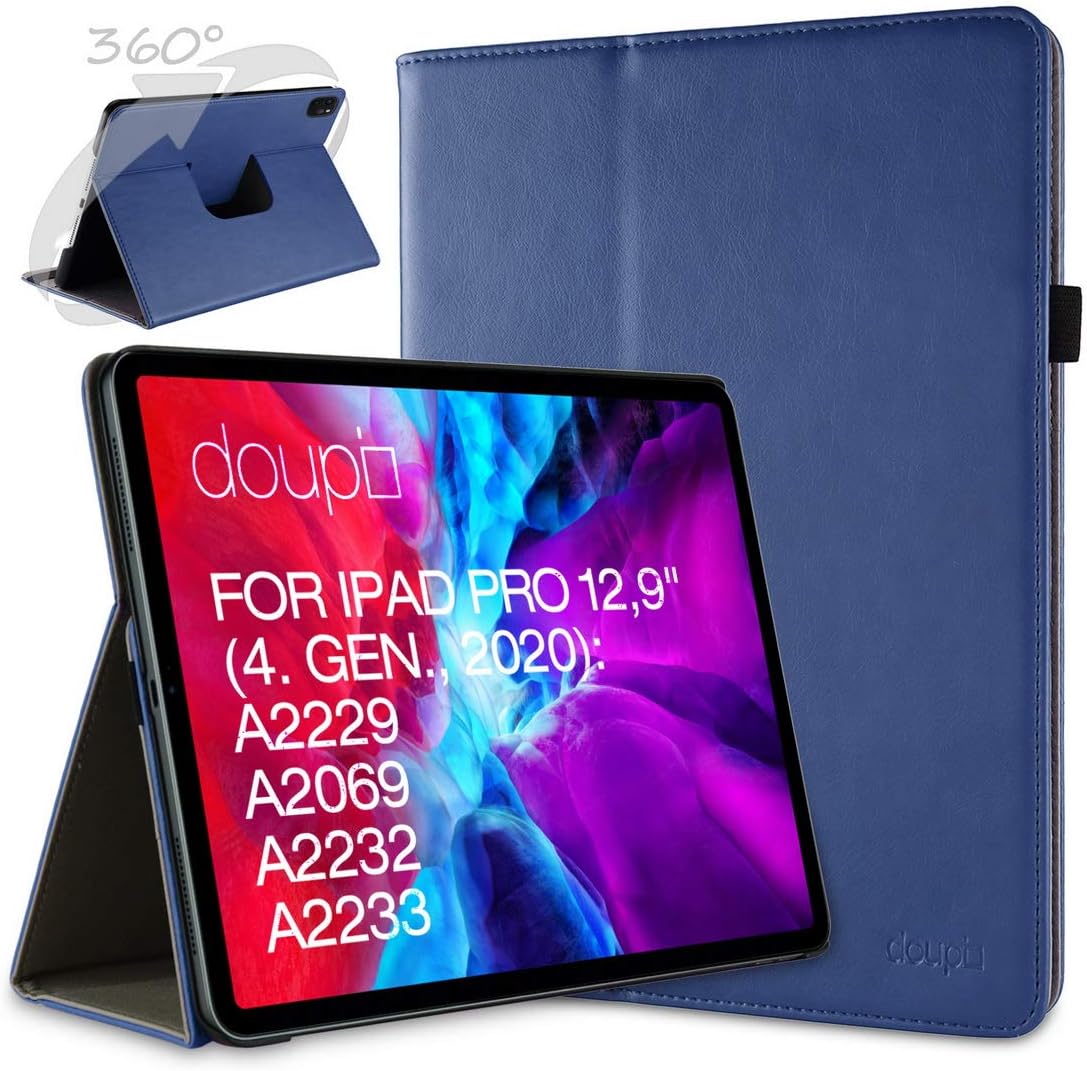 doupi Smart Flip Cover for iPad Pro 12.9 inch (4. Gen.) 2020, Deluxe Protective Case with Sleep/Wake Function 360 Degree Rotatable Stand Screen Protector, Blue