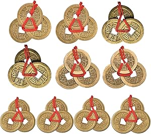Dreamworth 10 Sets Chinese Fortune Coins Feng Shui Coins I-Ching Coins Traditional Coins with Red String for Wealth and Success
