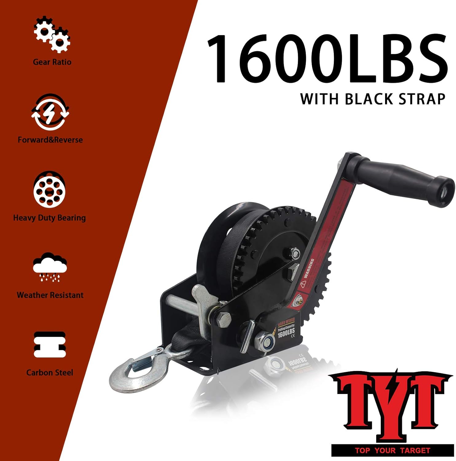 TYT 1600lbs Boat Trailer Winch, Heavy Duty Hand Winch with Strong Hook, 2-Way Ratchet Manual Winch for ATV UTV SUV Towing and Pulling with Black Strap Gear Winch - Black: Home Improvement