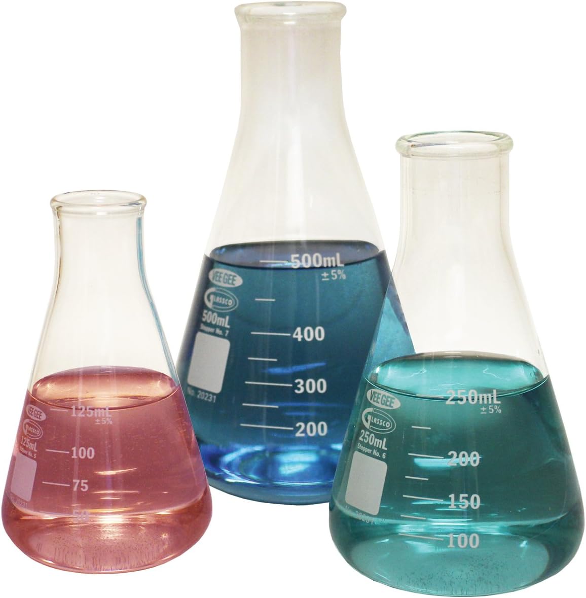 Vee Gee Scientific 202GK-003 Borosilicate Glass Three Piece Erlenmeyer Flask Set,Includes : 1 each 125 mL,250 mL and 500 mL Capacity Flasks.