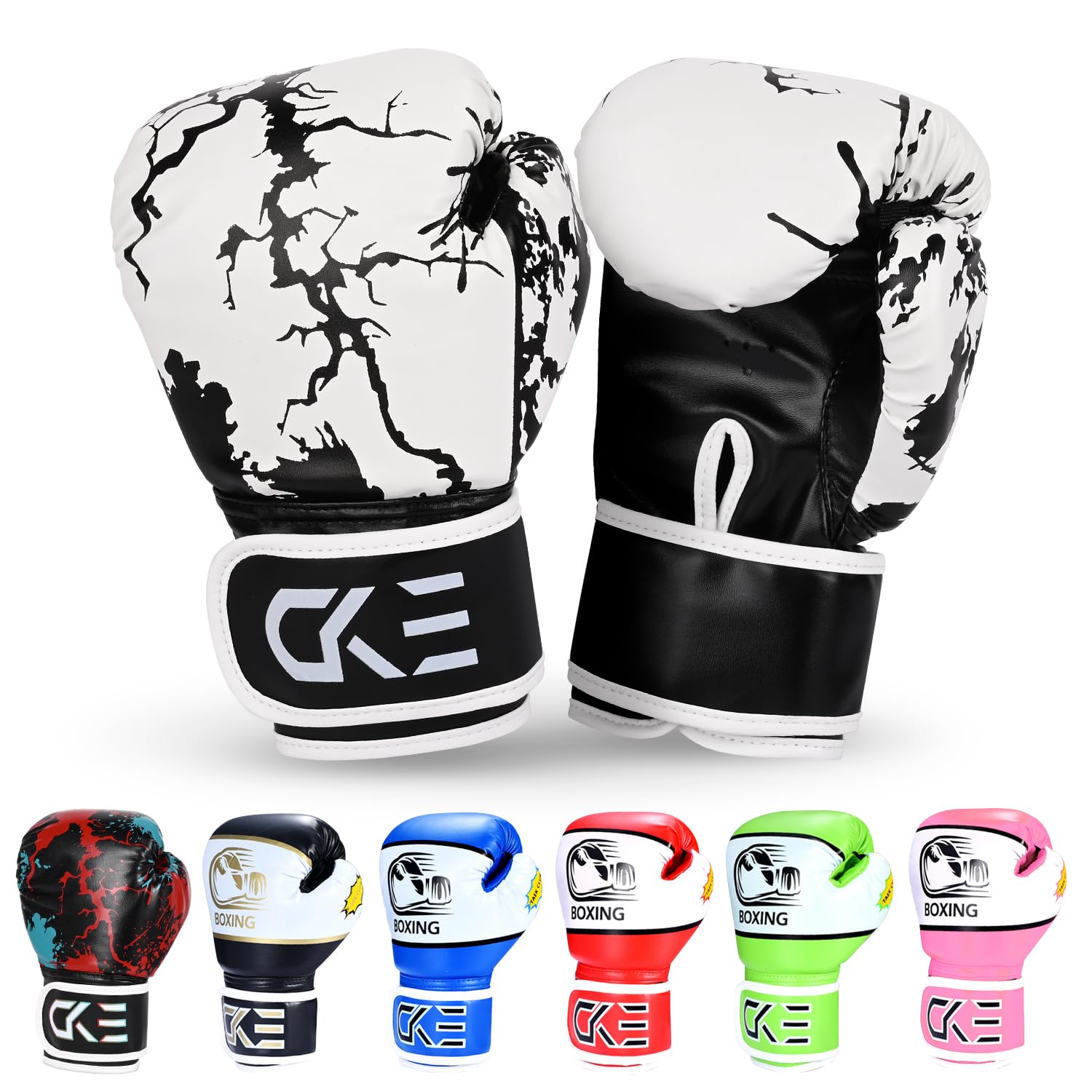 CKE Kids Boxing Gloves for Kids Boys Girls Age 5-12 Years Junior Youth Training Gloves Boxing Set for Punching Bag Kickboxing Muay Thai Gloves (Black & White)