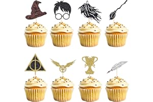 Wootkey 24 Pcs Black Magical Wizard Cupcake Toppers Gold Wizard Hat Flying Broomstick Cupcake Picks Magical School Theme Birthday Cake Decorations Party Supplies