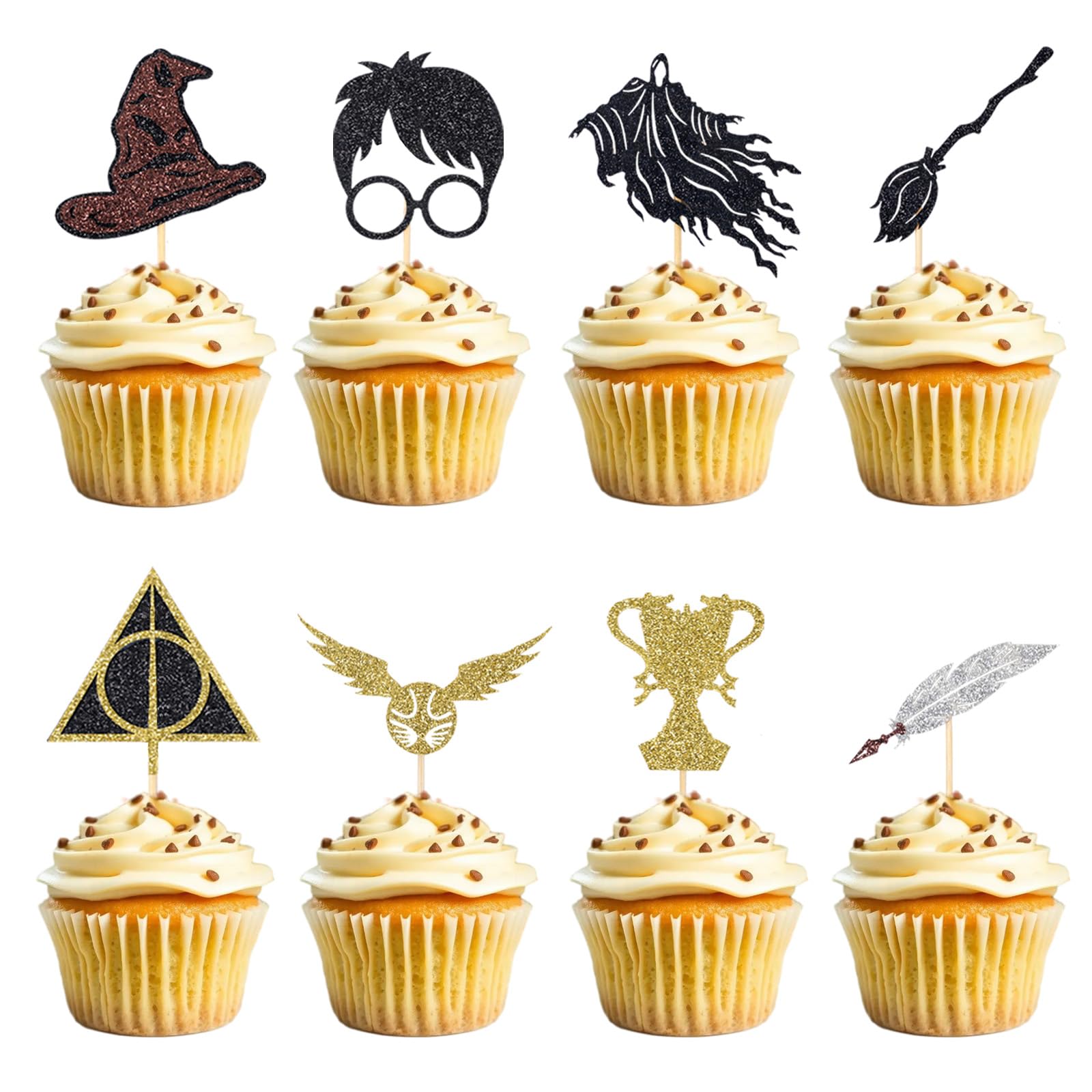 Photo 1 of Wootkey 24 Pcs Black Magical Wizard Cupcake Toppers Gold Wizard Hat Flying Broomstick Cupcake Picks Magical School Theme Birthday Halloween Cake Decorations Party Supplies