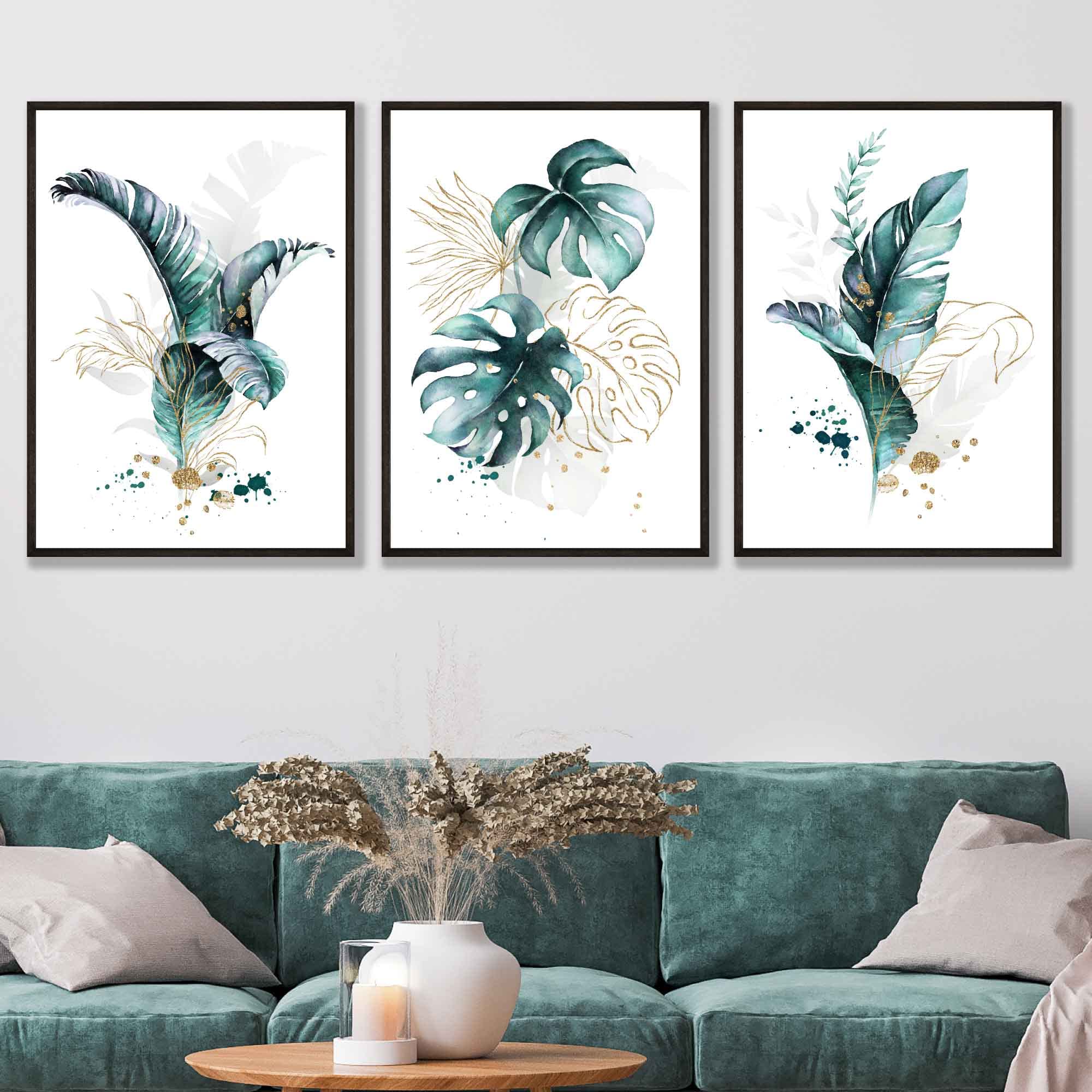 Artze Wall Art Tropical Leaves Wall Art Prints 3-Piece Set, 30 cm Width x 40 cm Height, Teal Blue