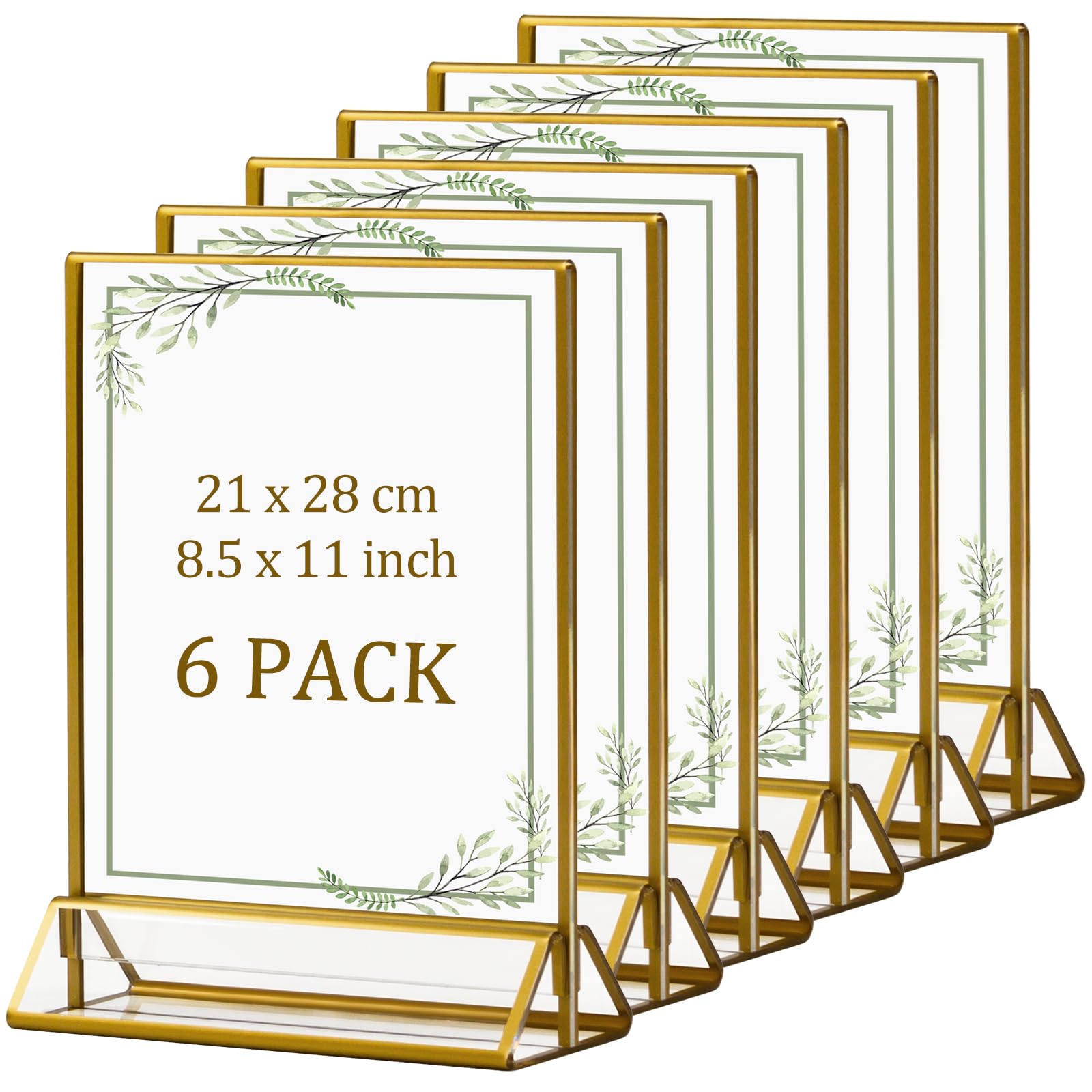 ECOSEAO Gold Picture Frames 21x28 cm / 8.5 x 11 inch Vertical 6 Pack, Double Sided Acrylic Sign Holder with Gold Border - Clear Vertical Sign Stand Table Number Menu Holders