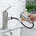 HANLIAN Single Hole Bathroom Pull Out Faucet with Rotating Spout, One Handle Faucet for Bathroom Sink, Modern Bathroom Faucet with Pull Down Sprayer, 3 Modes Vanity Faucets (Brushed Nickel, Regular)