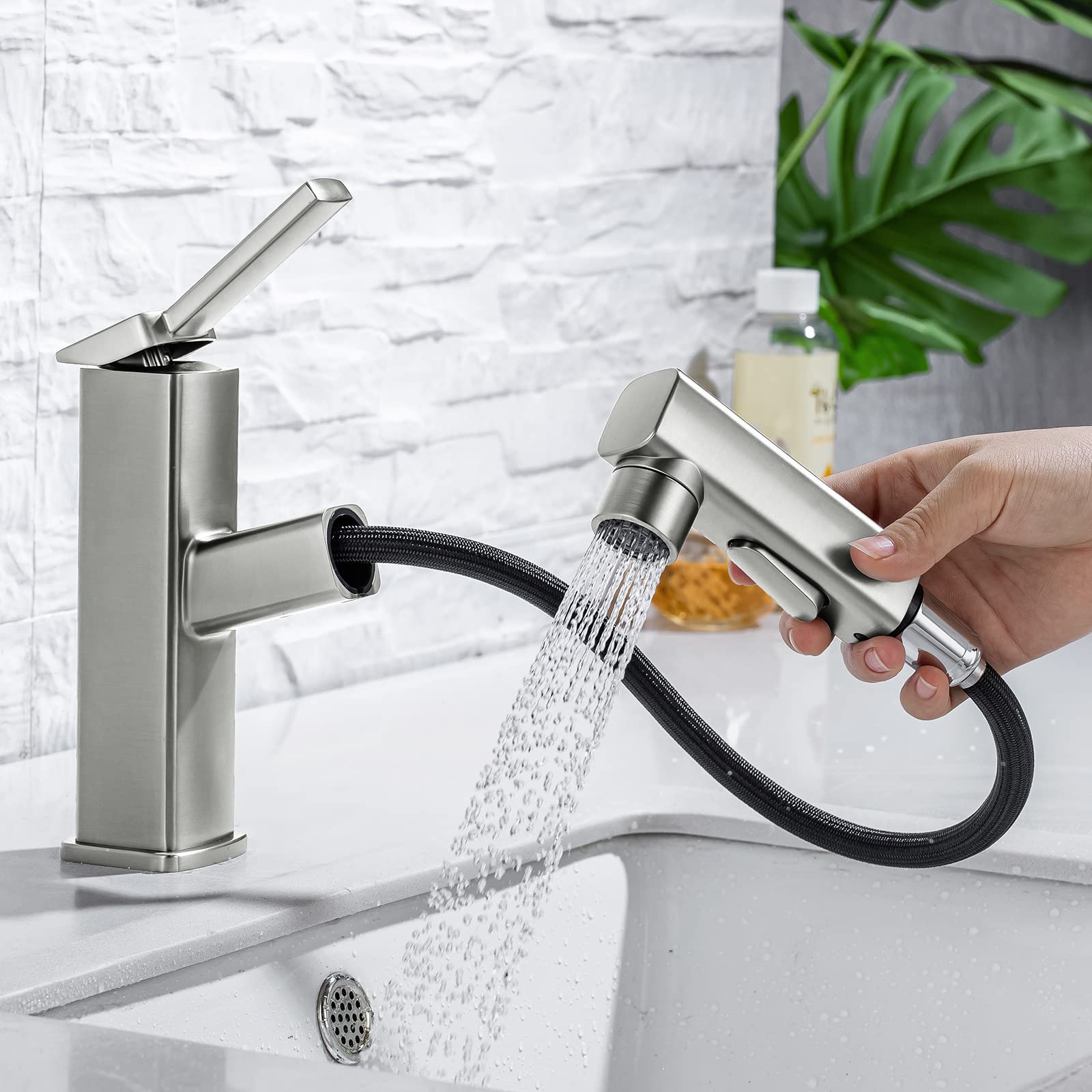 HANLIAN Modern Brushed Nickel Bathroom Single Hole Pull Out Faucet with Rotating Spout, One Handle, 3 Modes Vanity Faucet