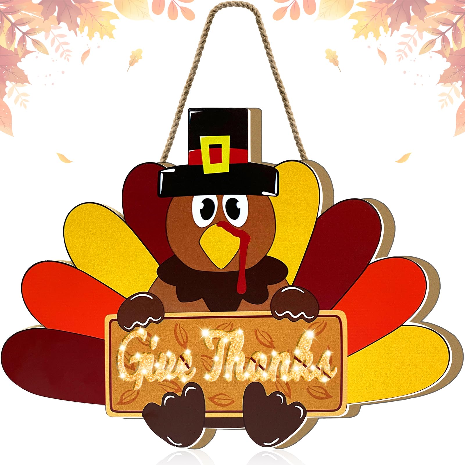 Photo 1 of [Lighted & Timer] 16 Inch Thanksgiving Decorations Thanksgiving Wreath Turkey Decorations Thanksgiving Door Wreath Turkey Sign Holds Give Thanks Battery Operated Thanksgiving Door Decorations for Home