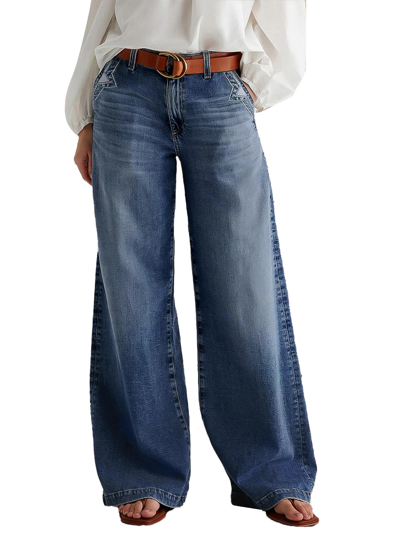 Photo 1 of Flamingals Wide Leg Jeans for Women Mid Waist Baggy Stitch Decor Denim Washed Pants Without Belt Dark Deep Blue M
