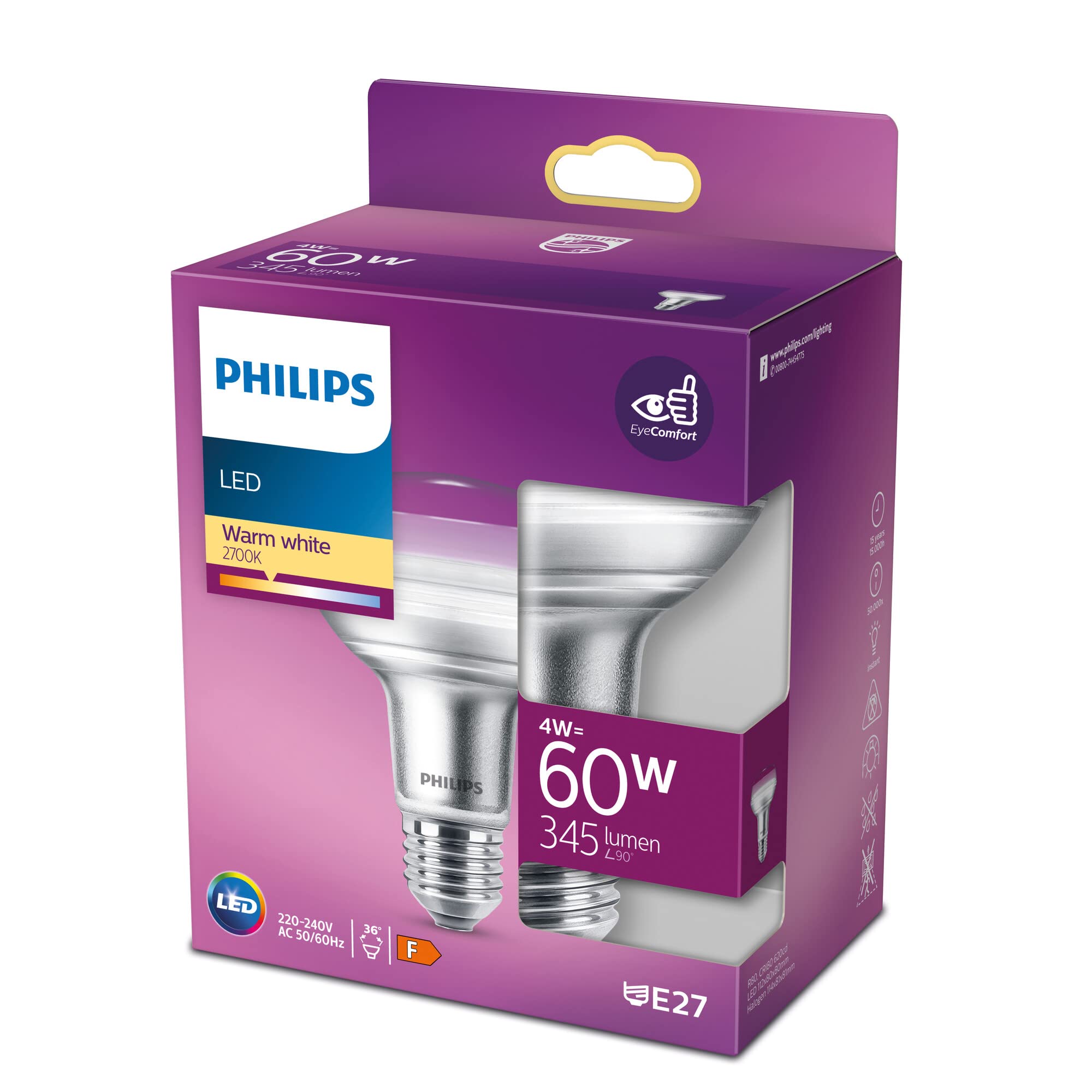 Philips LED Premium Classic Reflector R80 Light Bulb [E27 Edison Screw] 4W - 60W Equivalent, Warm White 2700K, 60 W R80 E27 Warm White, Non-Dimmable