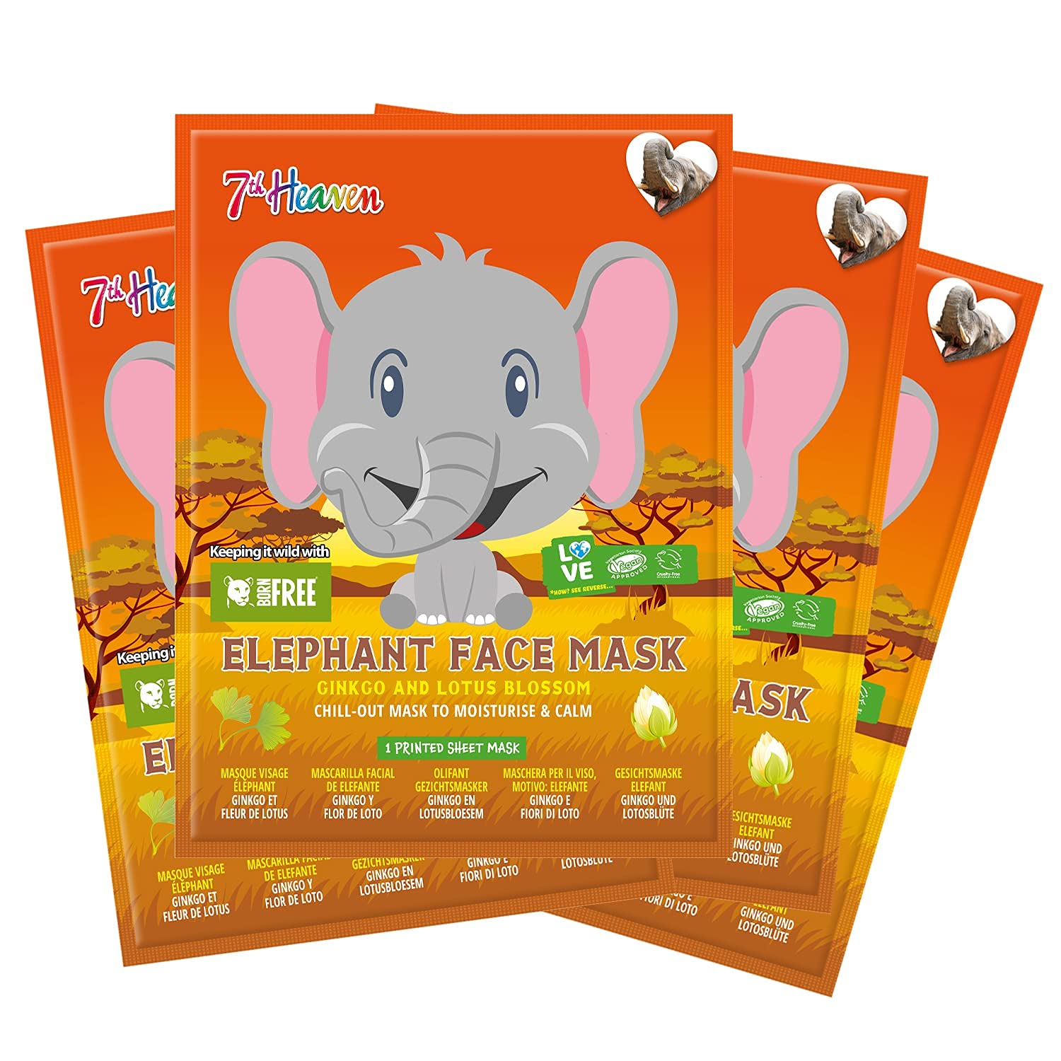 7th Heaven Born Free Elephant Sheet Face Mask Multipack (Pack of 4) with Lotus Blossom to Moisturise and Calm Skin (Ages 8+)