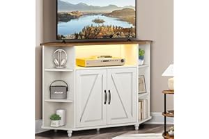 4 EVER WINNER Corner TV Stand for 50 Inch TV, Corner Entertainment Center with LED Lights and Adjustable Shelves, Farmhouse Corner TV Cabinet with Barn Doors for Living Room, White