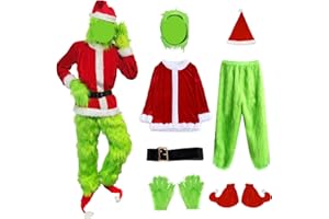JEROKUMI Green Monster Costume Adult, Christmas Costume for Men Women 7PCS Deluxe Santa Suit Furry, Christmas Cosplay Outfit