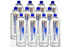 Gas Shark Butane Gas Fuel Canisters | 12 Pack | 8 oz Premium Butane Gas with Triple-Seamed CRV Explosion-Proof Design | UL Listed | Ideal for Portable Stoves, Torches, Camping, & Outdoor Cooking