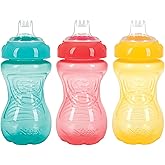 Nuby 3 Pack No Spill Toddler Sippy Cups - Toddler Cups Spill Proof with Easy and Firm Grip - Aqua, Coral, Yellow