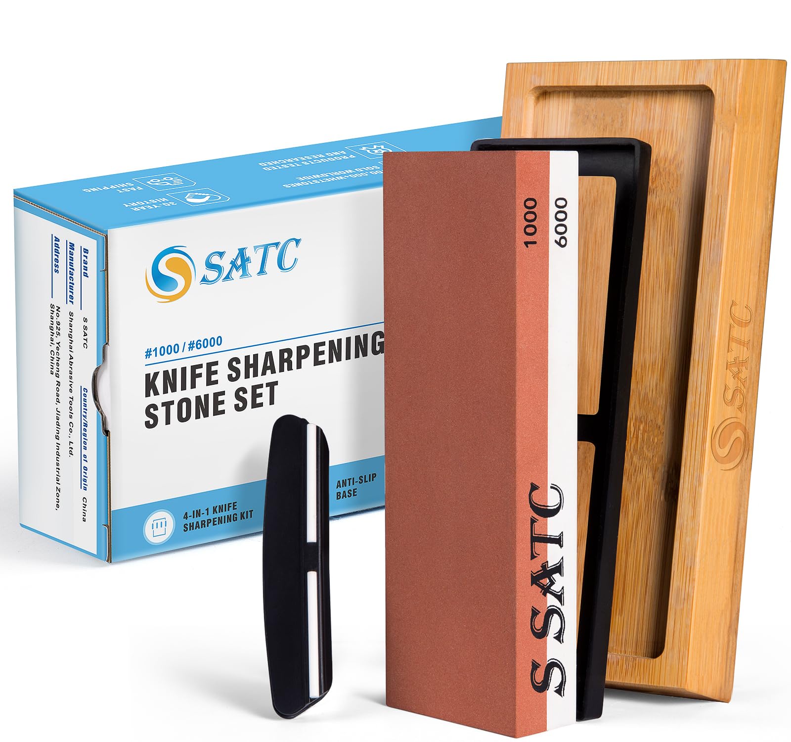 SATC Whetstone Knife Sharpening Stone Double Sided 1000 6000 Grits Knife Sharpeners Stone with Nonslip Wood Base & Angle Guide