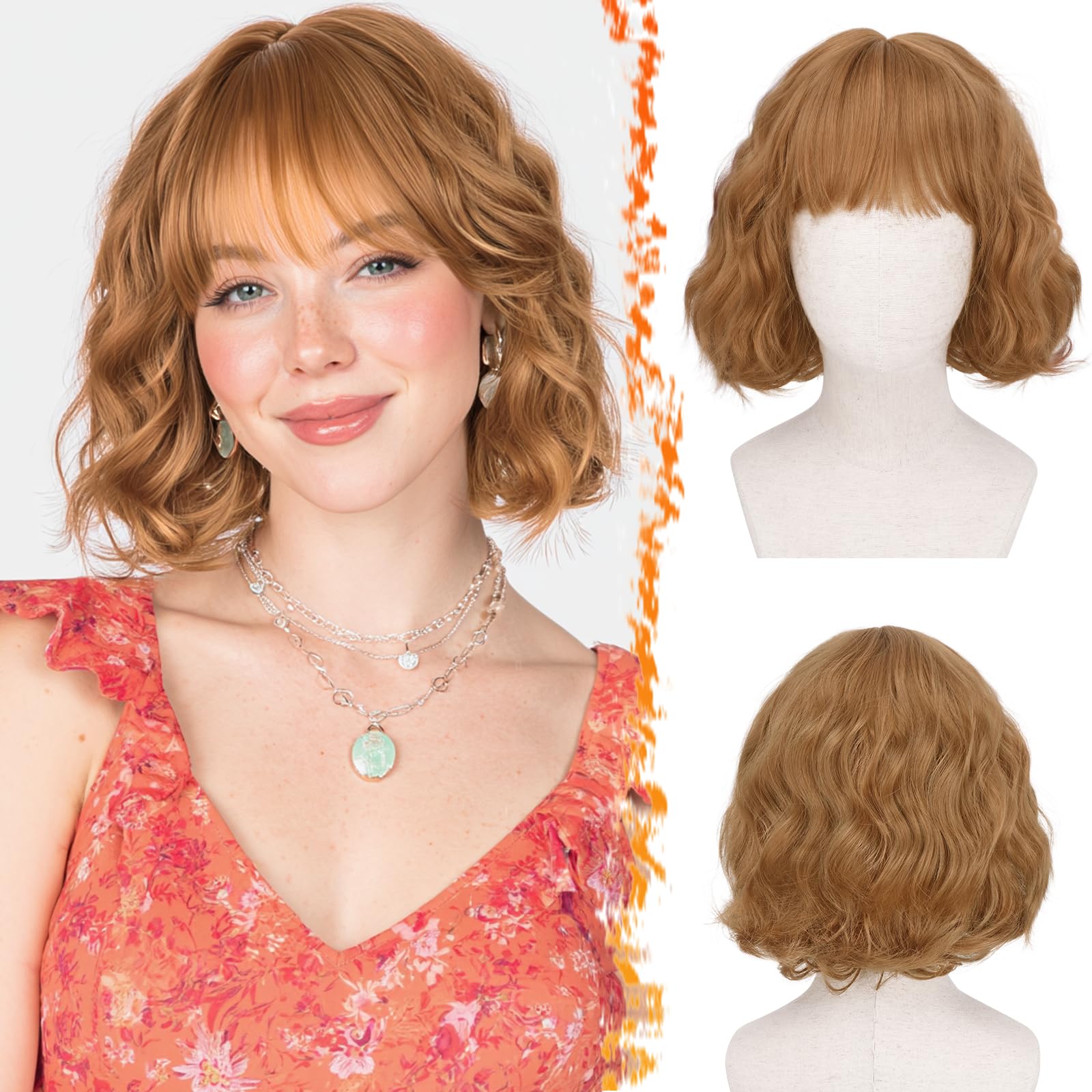 Photo 1 of BARSDAR Short Wavy Golden Ginger Wig with Bangs - Short Golden Ginger Bob Wigs for Women - Curly Wavy Textured French Bob Wig with Bangs Soft Synthetic Natural Looking Face-Framing Daily