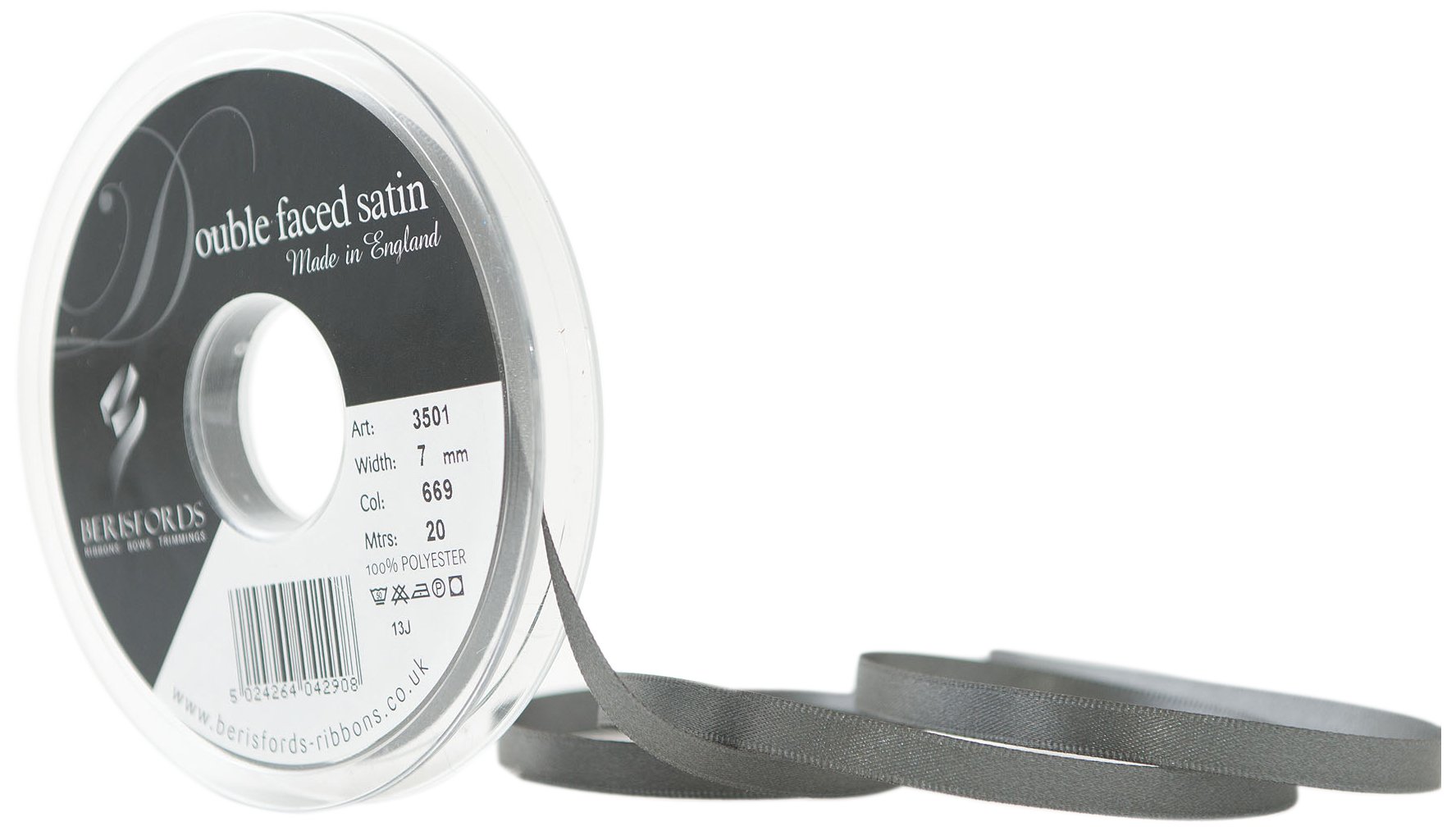 Berisfords Ribbon, Smoked Grey, 7 mm x 20 m