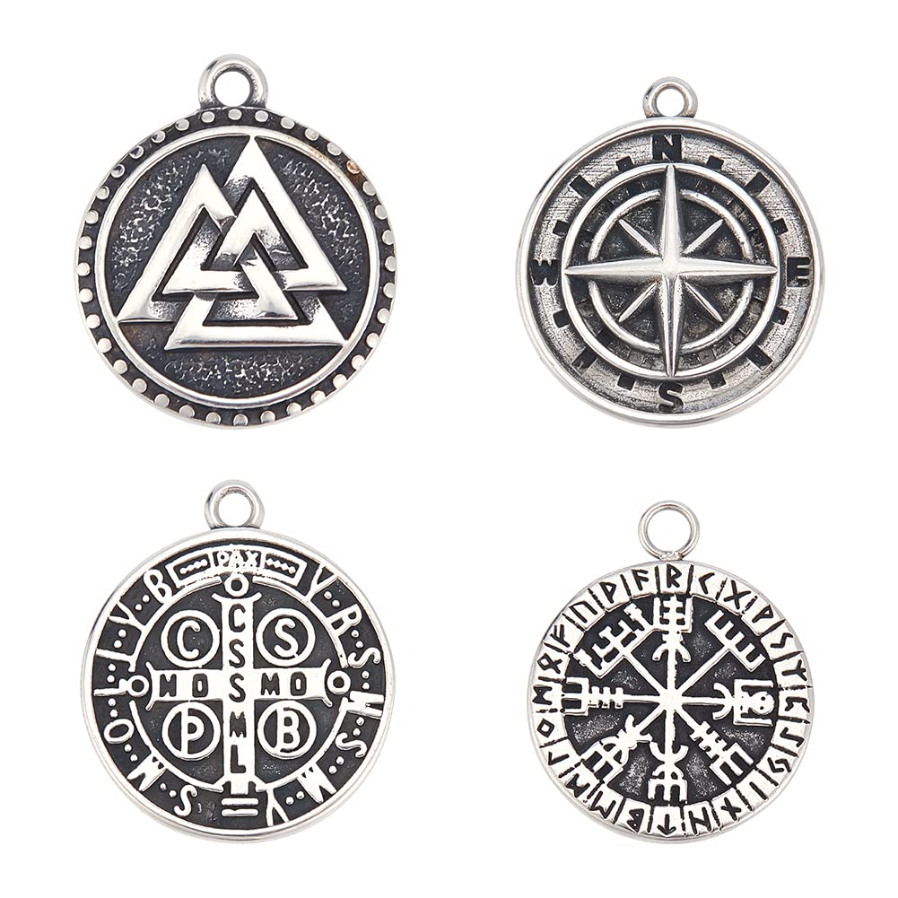 DICOSMETIC 4Pcs 4 Styles Valknut Rune Pendant Set Antique Silver Viking Valknut Pendants Flat Round Norse Pagan Jewelry Stainless Steel Charms for Jewelry Crafts Making, Hole: 1.6~2mm