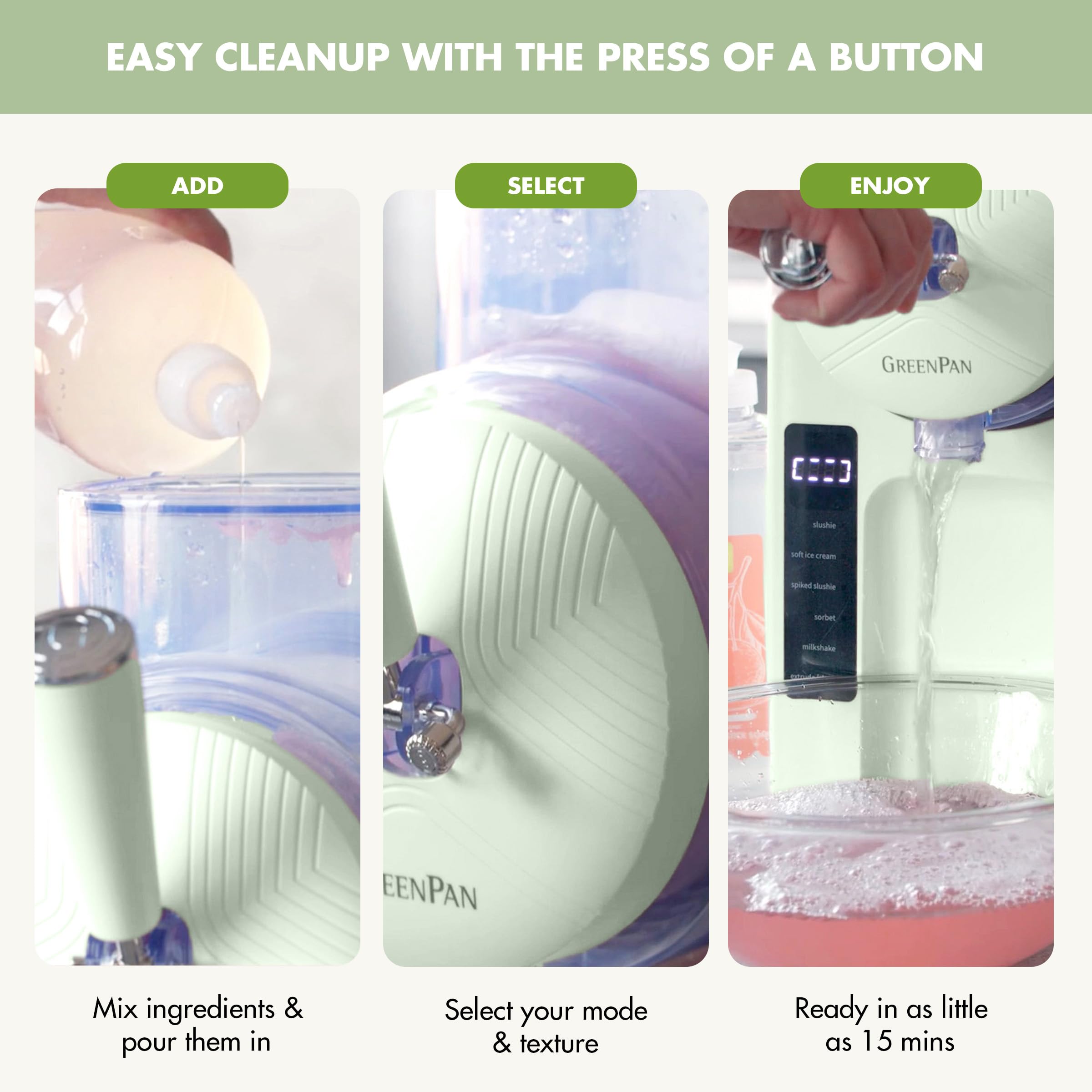 GreenPan Frost Máquina para hacer helados y bebidas congeladas, servicio suave, granizados, sorbetes, batidos y cócteles, no necesita congelador, 7 texturas, silencioso y rápido, fácil de limpiar, tamaño familiar, pistacho salvia