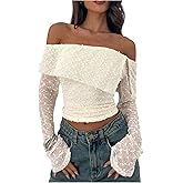Milumia Women's Off The Shoulder Crop Top Sheer Long Sleeve Ruched Fitted Going Out Tee Tops