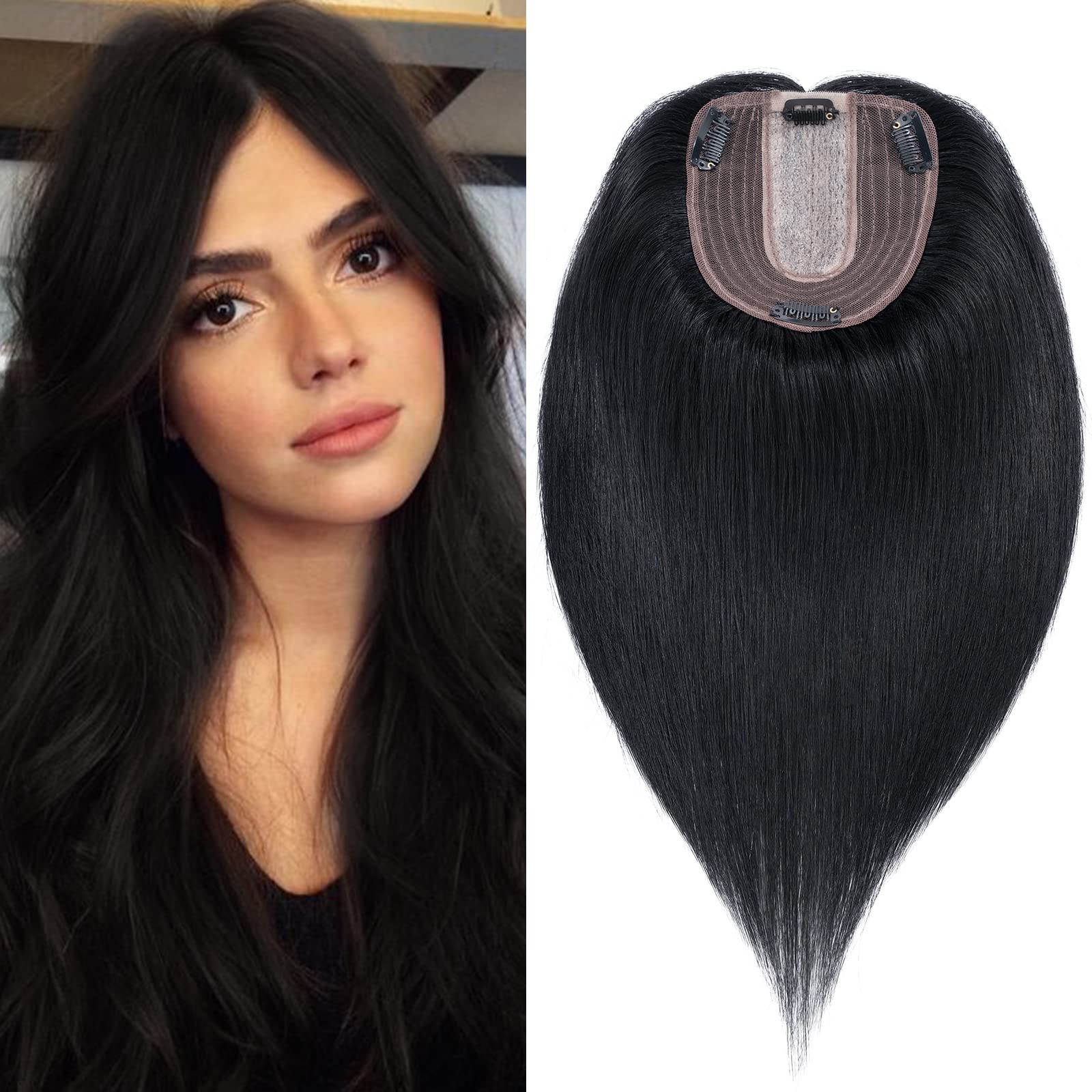 S-noilite 8 Inch 100% Human Hair Toppers Clip in Real Hair Topper for Thinning Hair Women uk Hair Piece Clip in Toupee 31g（#1 Jet Black）