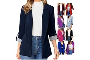 SHOPESSA Rolled Up Sleeve Blazers for Women Single Breasted Coat Women Loose Fitting Suit Coat with Notch Collar