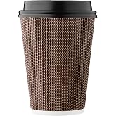 12 oz Disposable Paper Coffee Cups with Lids Insulated Double-Walled Togo | 100 SET,Coffee Bar Accessories,Corrugated Ripple to go Coffee Cups,Brown,Geometric,Chocolate,Hot Drinks,Cafe,Party,Hakoware