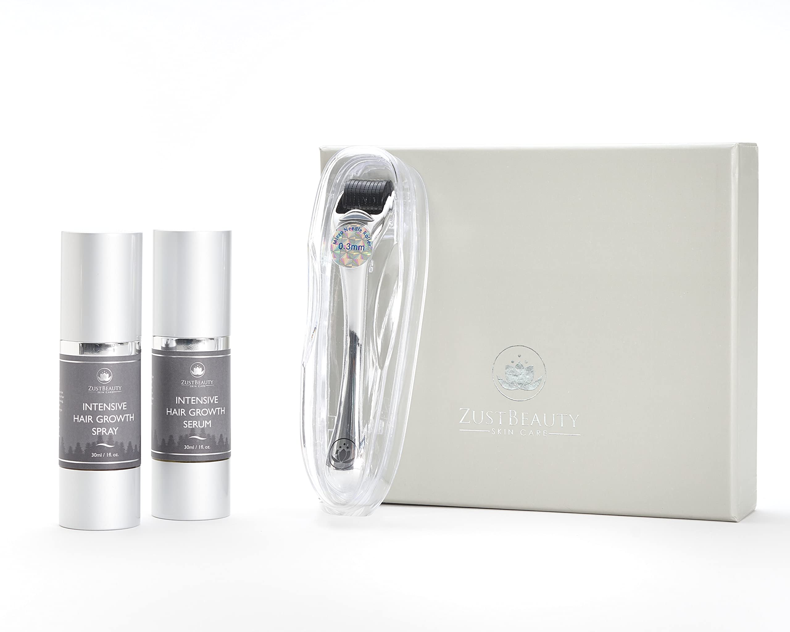 ZUSTBEAUTY | Derma Roller Microneedling Kit for Face, Beard & Hair Growth | 0.3MM Microneedle Roller | Microdermabrasion 540 Titanium Micro Needles | Includes Intensive Hair Growth Spray & Serum
